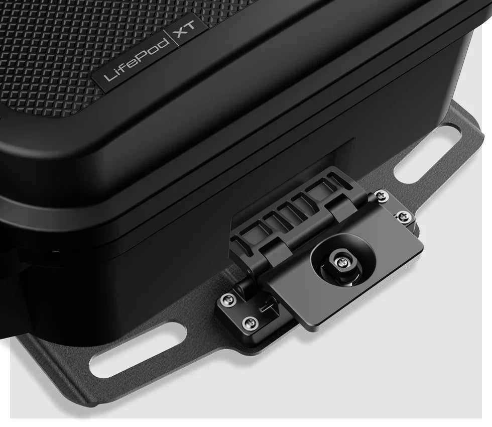 Close-up of black LifePod XT portable safe with rugged textured exterior and secure latch