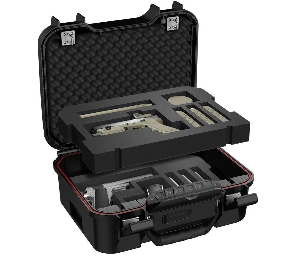 Open black biometric safe case with foam inserts holding handguns and magazines