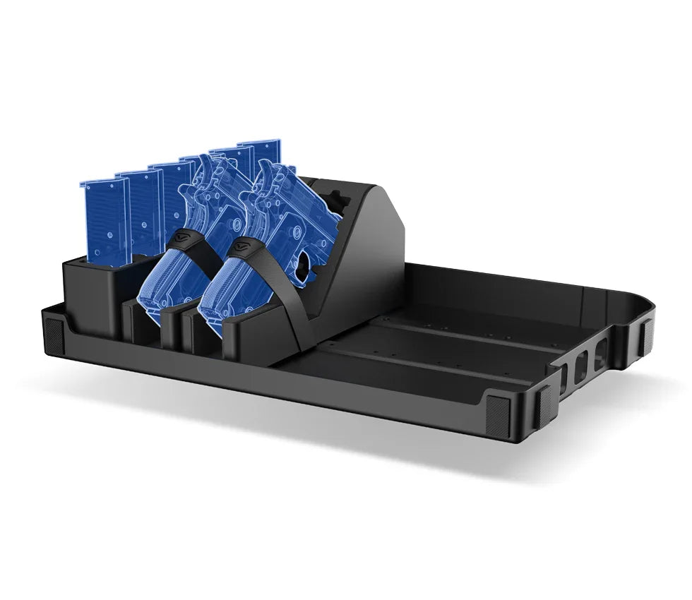 Black modular gun and magazine rack tray for safe, with two pistols and three magazines shown as blue outlines.