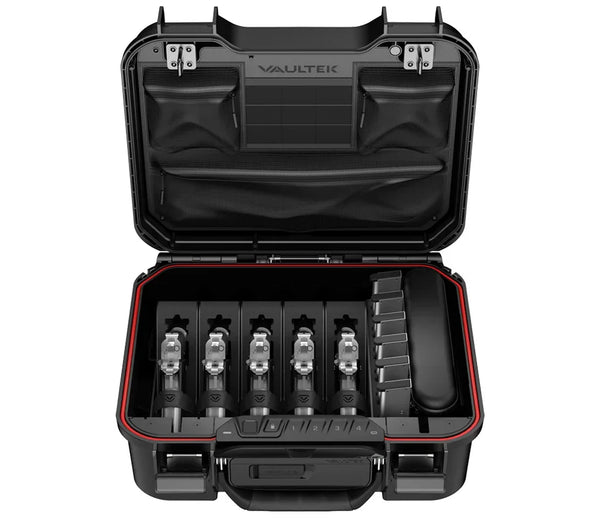 Open hard-shell safe with five slots and interior storage pockets, organized for secure storage.