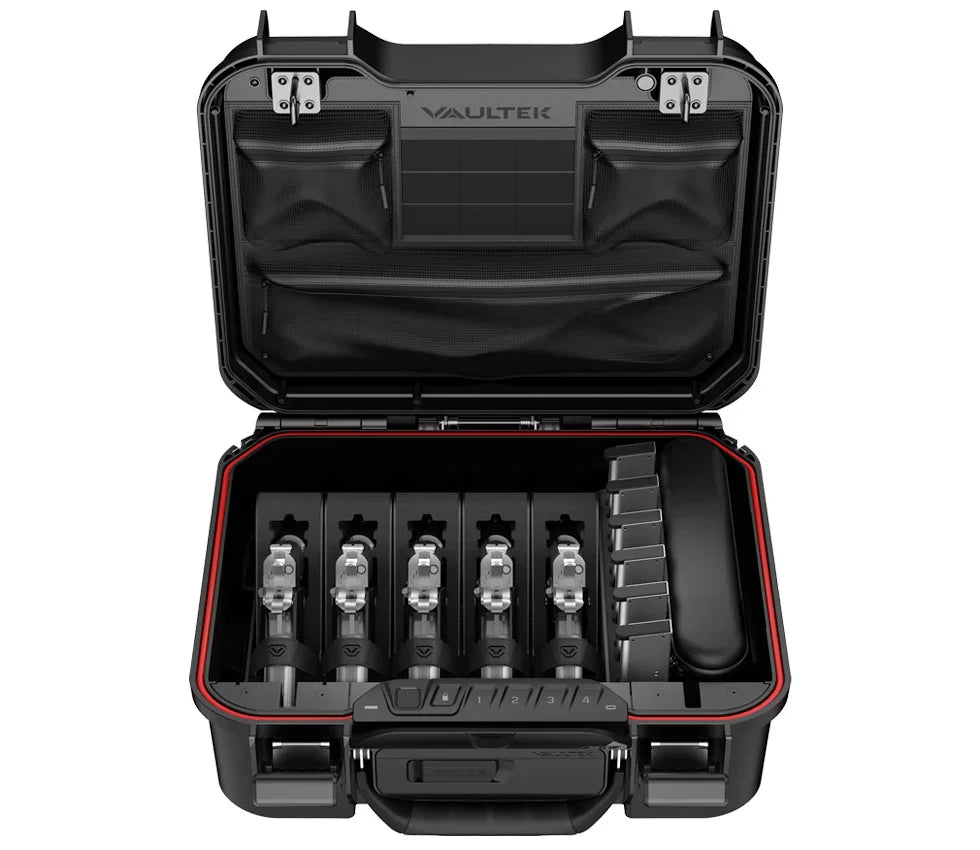 Open rugged lockable case with multiple handgun storage slots, mesh pockets, and secure latches