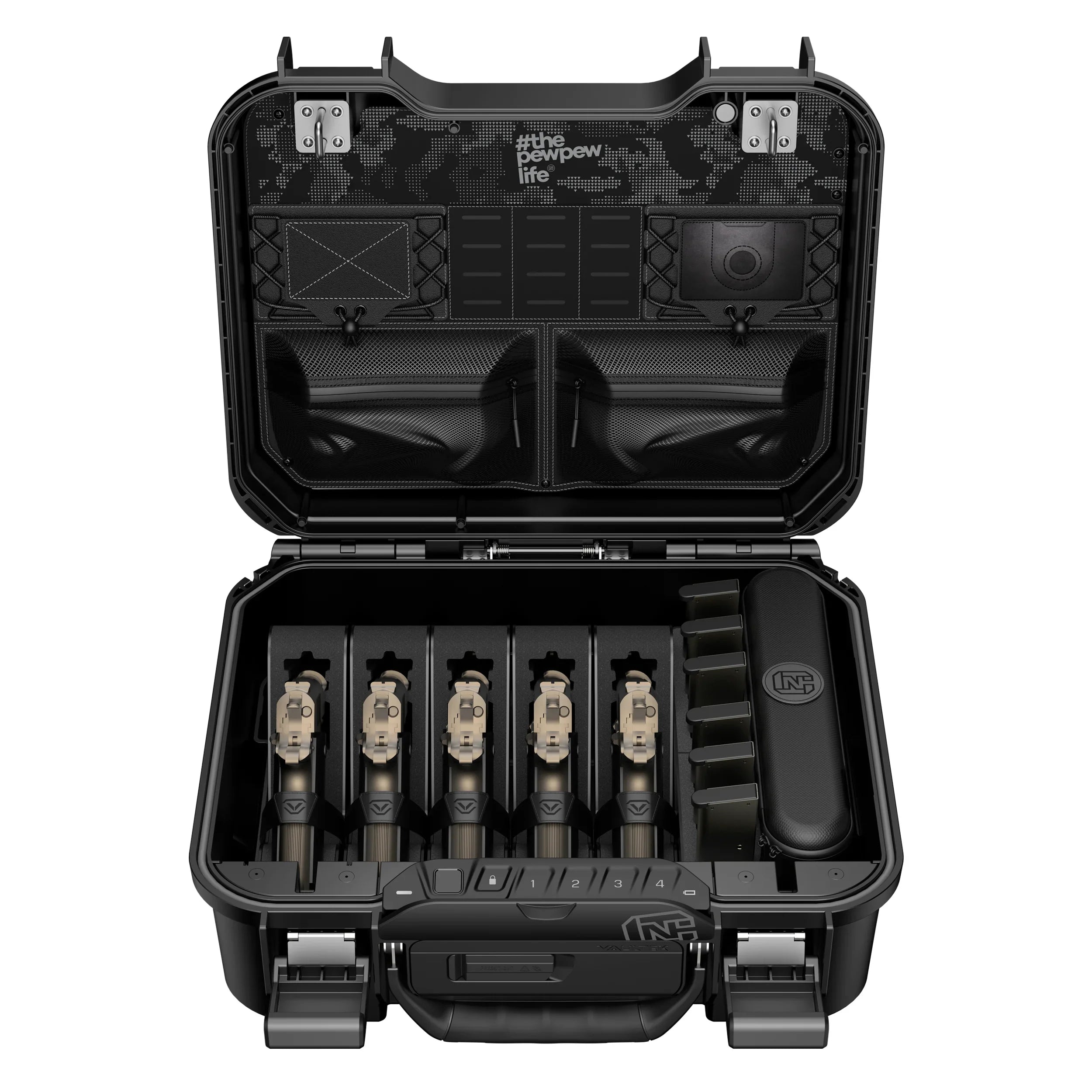 Portable hard case with secure storage slots for pistols and magazines, open lid view