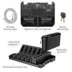 Gun safe accessories kit with steel security cable, camo organizer, pistol racks, zip pouch, backup keys.