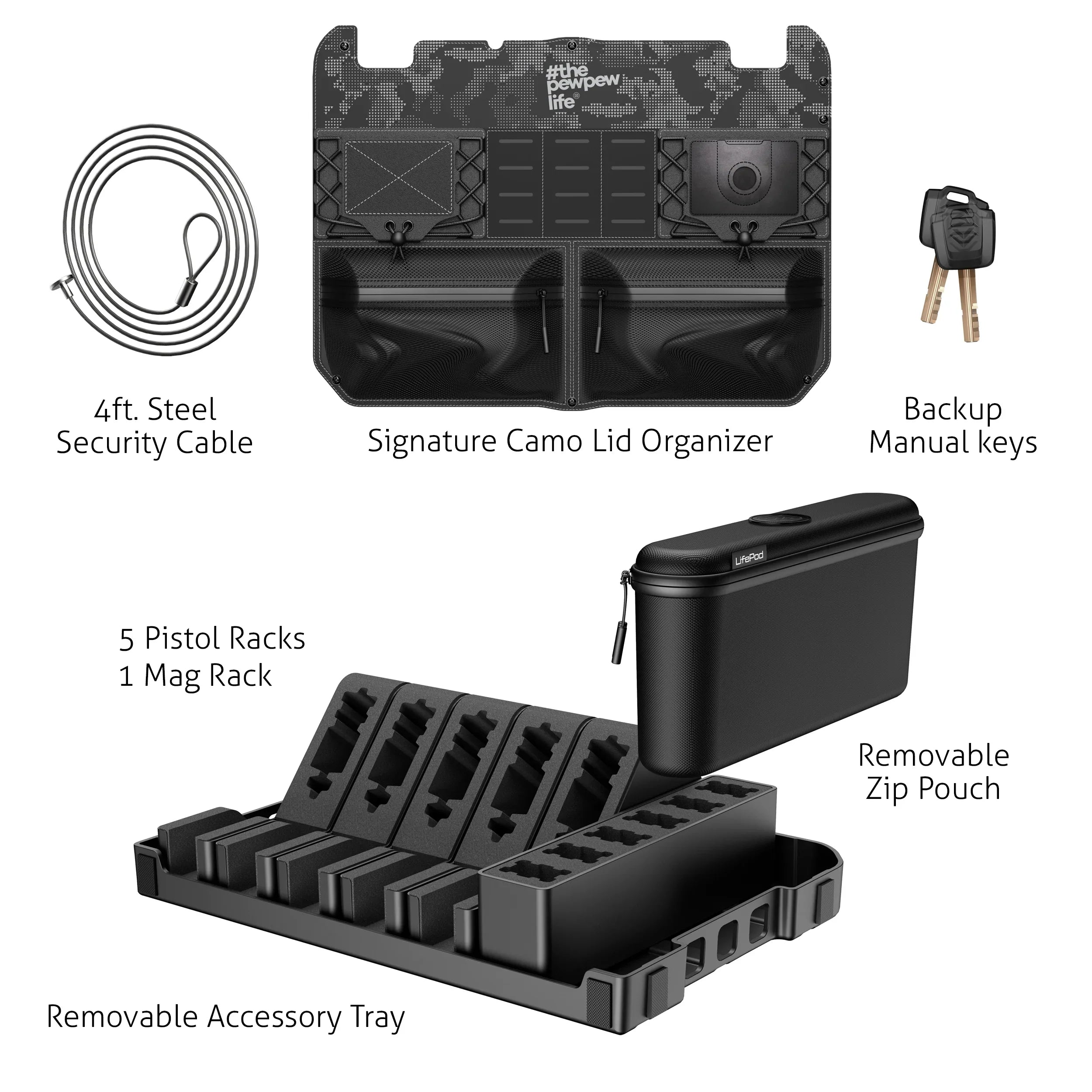 Gun safe accessories kit with steel security cable, camo organizer, pistol racks, zip pouch, backup keys.