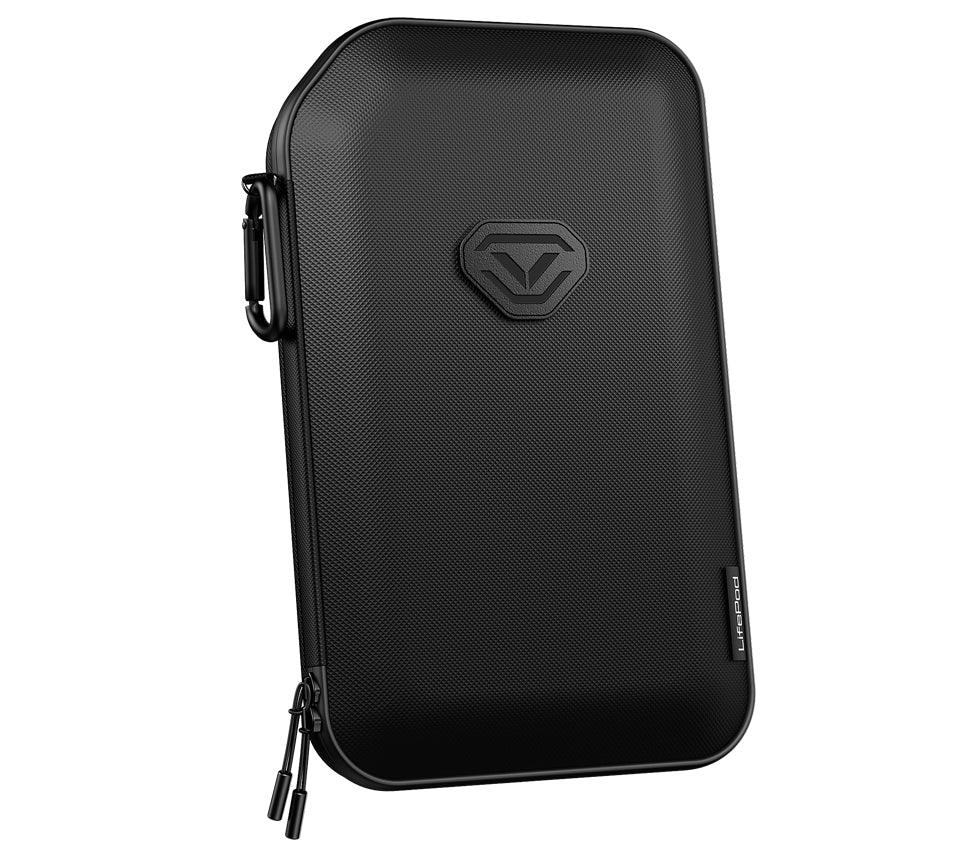 Black portable travel safe with zipper closure and textured hard shell design