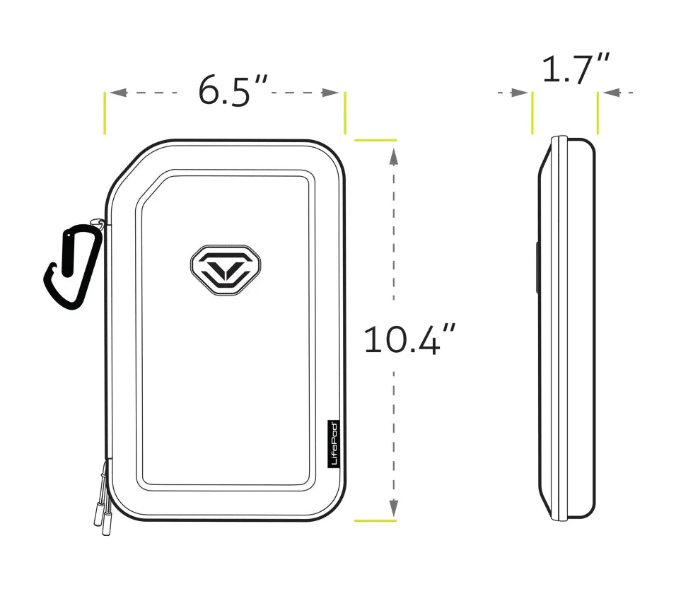 Rectangular portable safe with carabiner, shown with dimensions 10.4 x 6.5 x 1.7 inches.