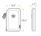 Rectangular portable safe with carabiner, shown with dimensions 10.4 x 6.5 x 1.7 inches.