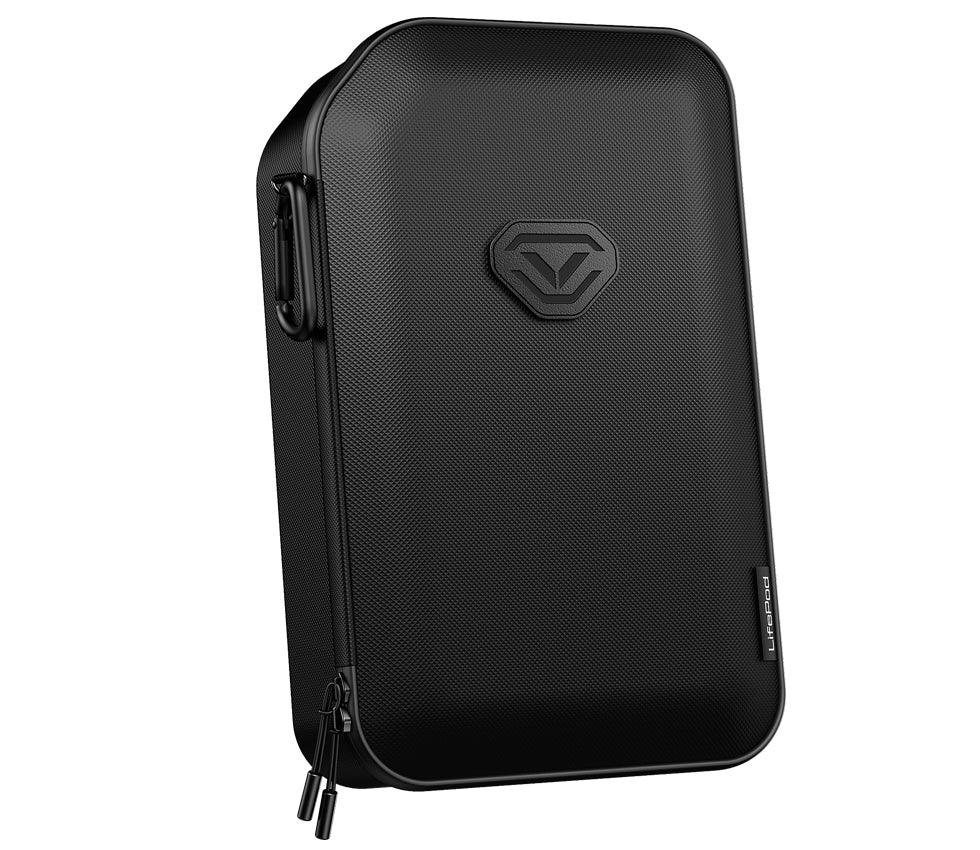 Black portable travel safe case with textured surface and secure zipper closure