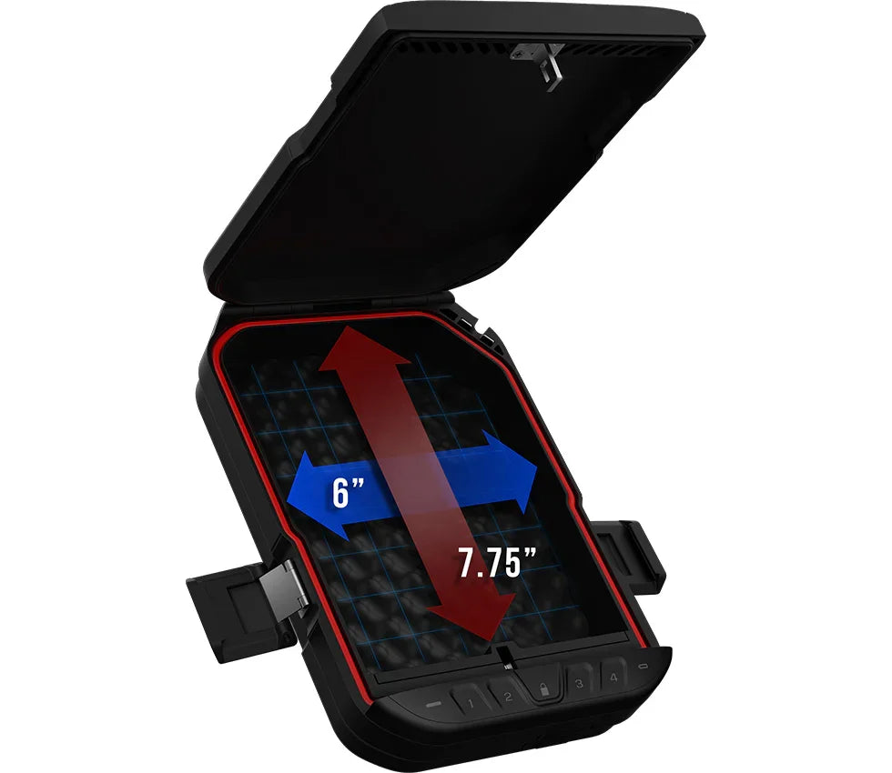 Open black biometric safe with 6 x 7.75 inch interior measurement arrows visible