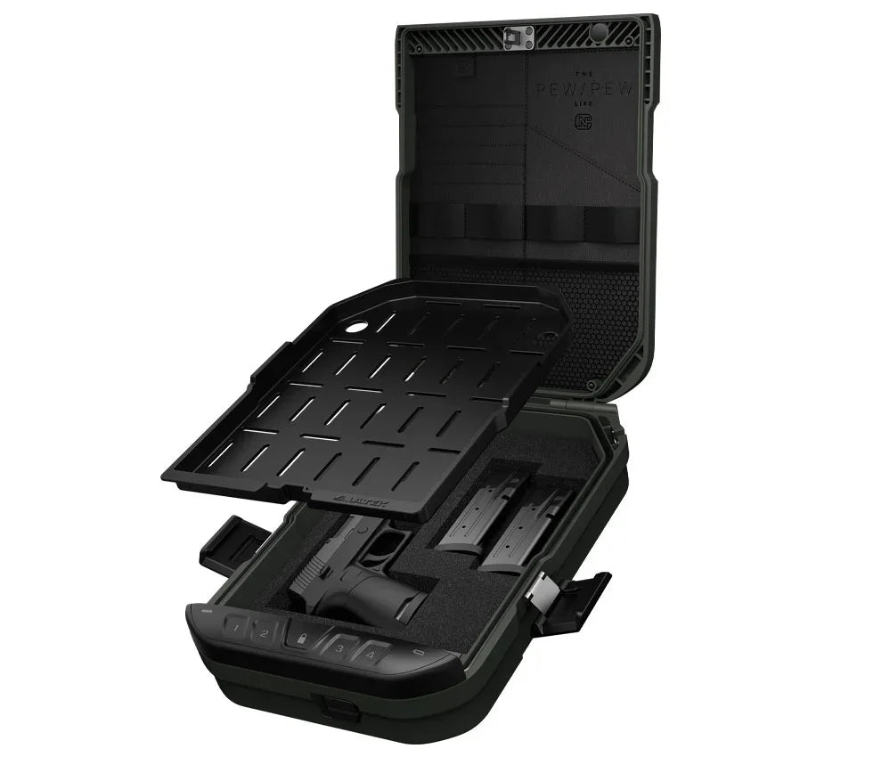 Open biometric gun safe with foam interior, handgun, and magazine storage compartments