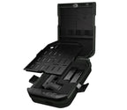 Open biometric gun safe with foam interior, handgun, and magazine storage compartments