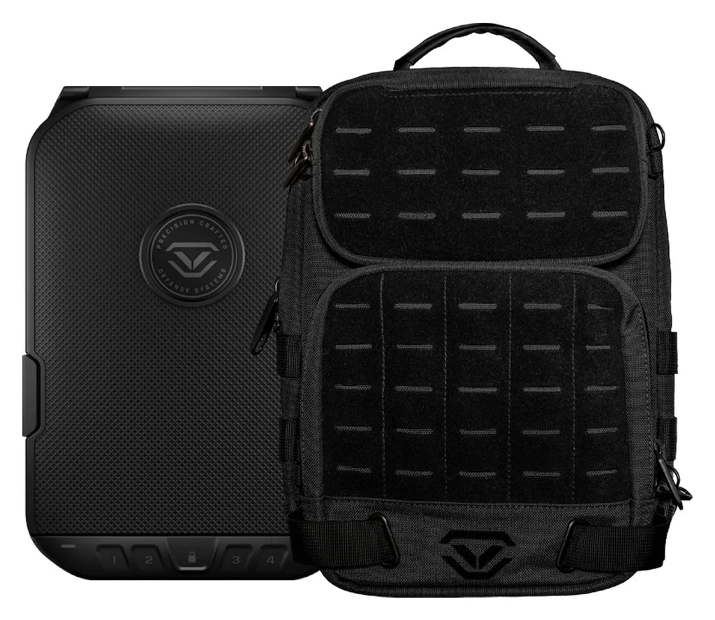 Black portable safe and tactical backpack set with rugged, textured surfaces, shown on white background.