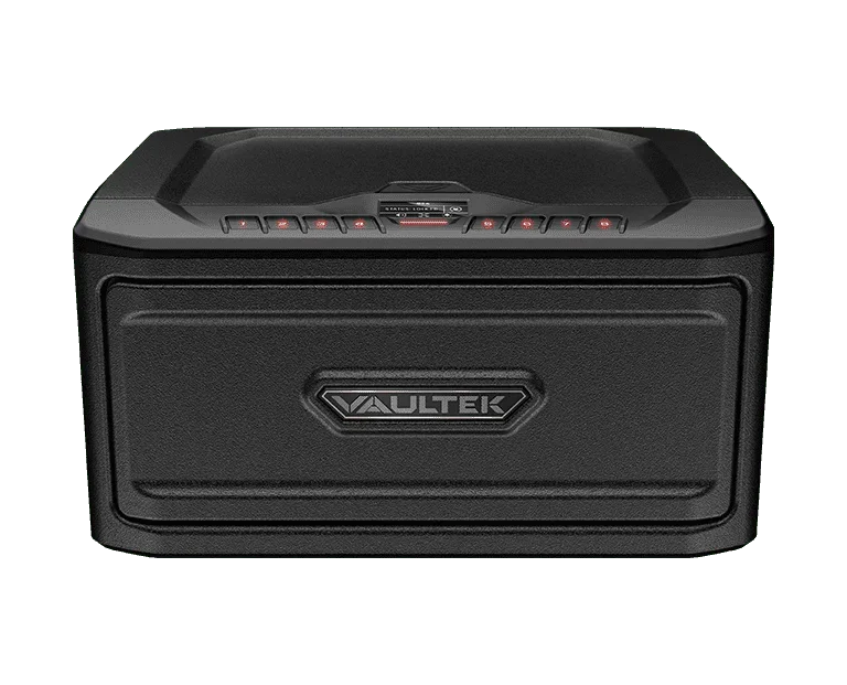 Black biometric security safe with keypad and illuminated buttons on front panel