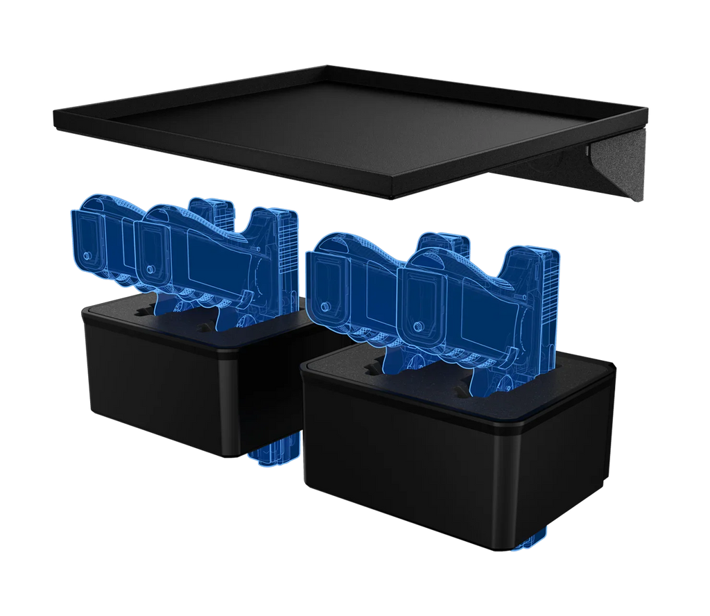 Safe accessory bundle with two black boxes, blue digital holders, and a top shelf