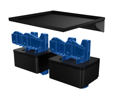 Safe accessory bundle with two black boxes, blue digital holders, and a top shelf