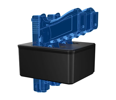 Black biometric safe with transparent overlay showing handgun and magazine storage interior.