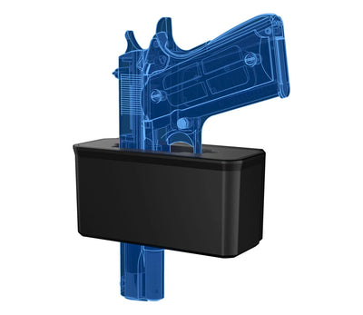 Black handgun safe with transparent blue handgun illustration inside