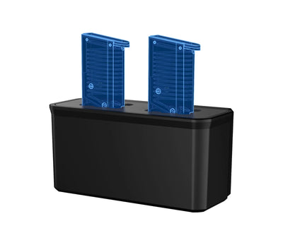 Black dual gun magazine holder with two blue transparent gun magazines inserted