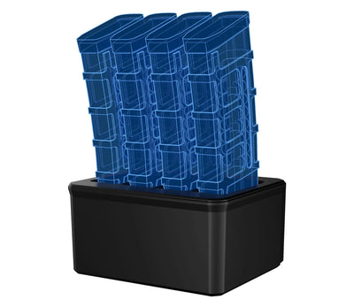 Black magazine rack with blue magazine outlines, firearm safe accessory