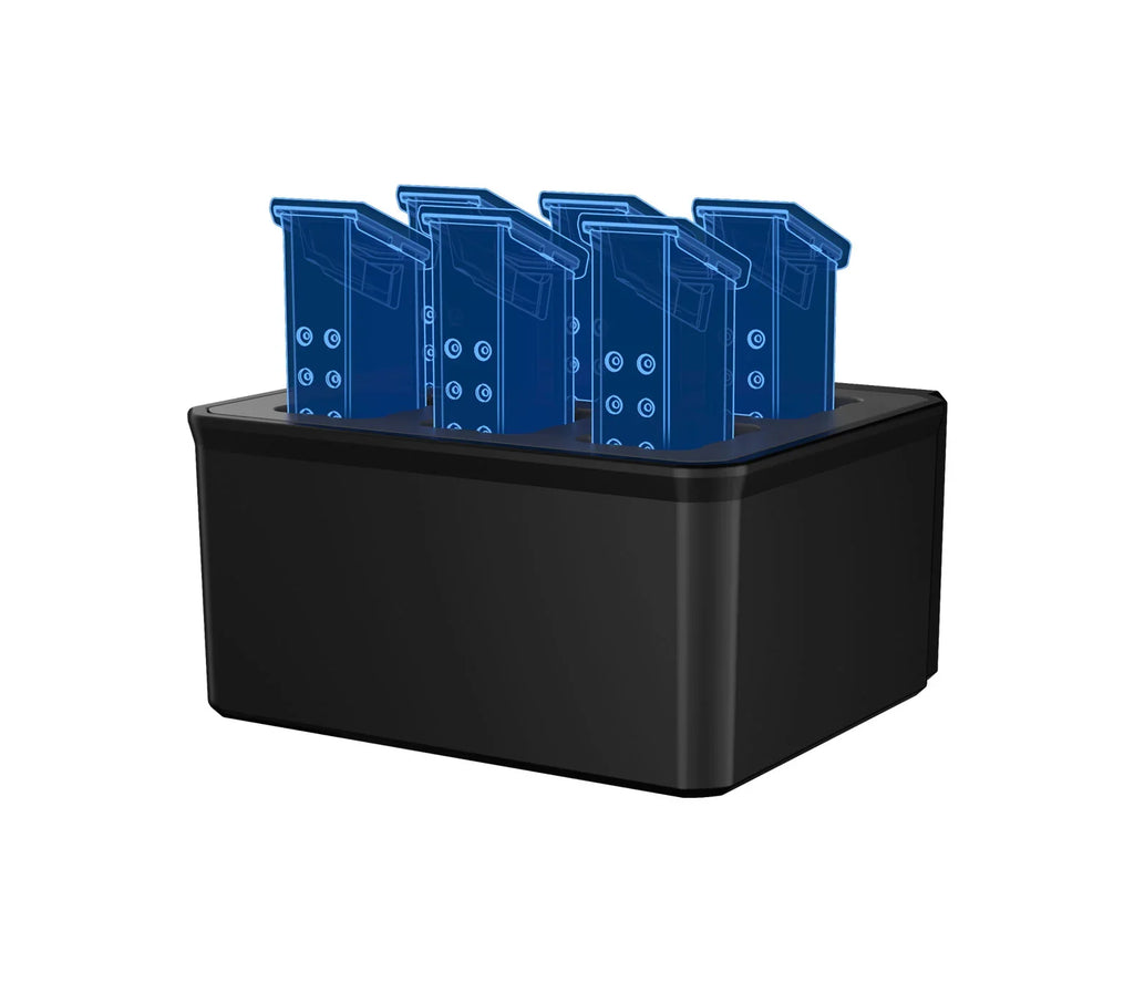 Black organizer with four blue transparent handgun magazine slots, safe accessory.