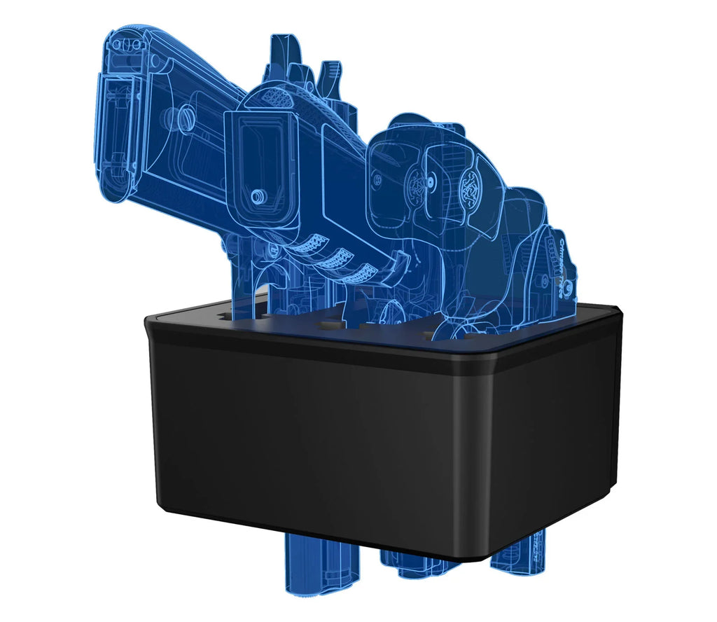 Biometric safe with digital render of multiple handguns stored inside, black background.