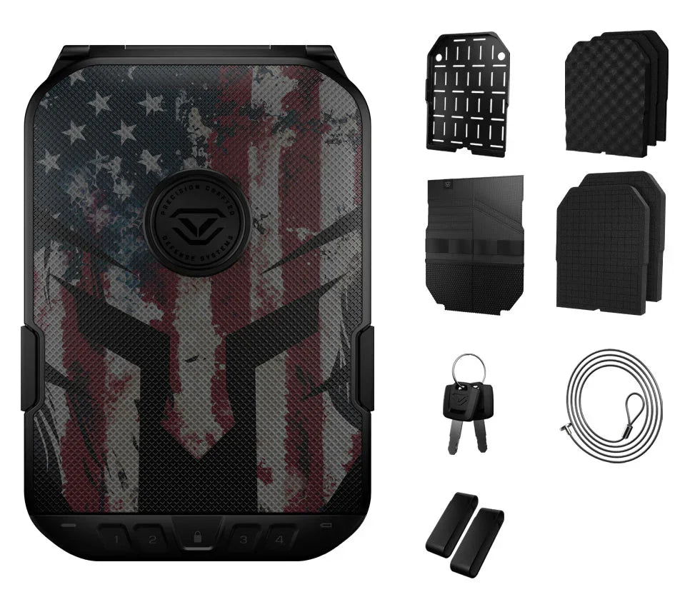 Biometric safe with American flag design, keypad, and included accessories laid out.