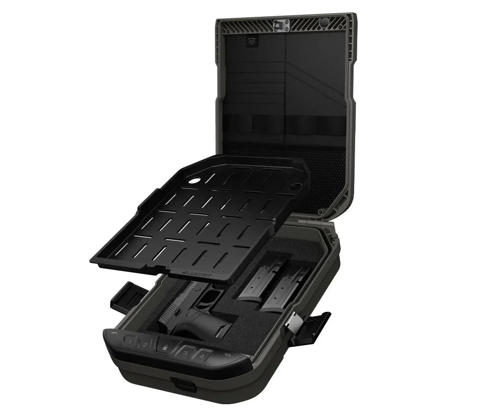 Open biometric safe with keypad, foam interior, and firearm storage compartments