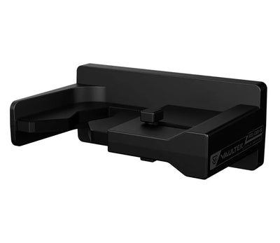 Black metal spring-loaded safe accessory with mounting bracket on white background