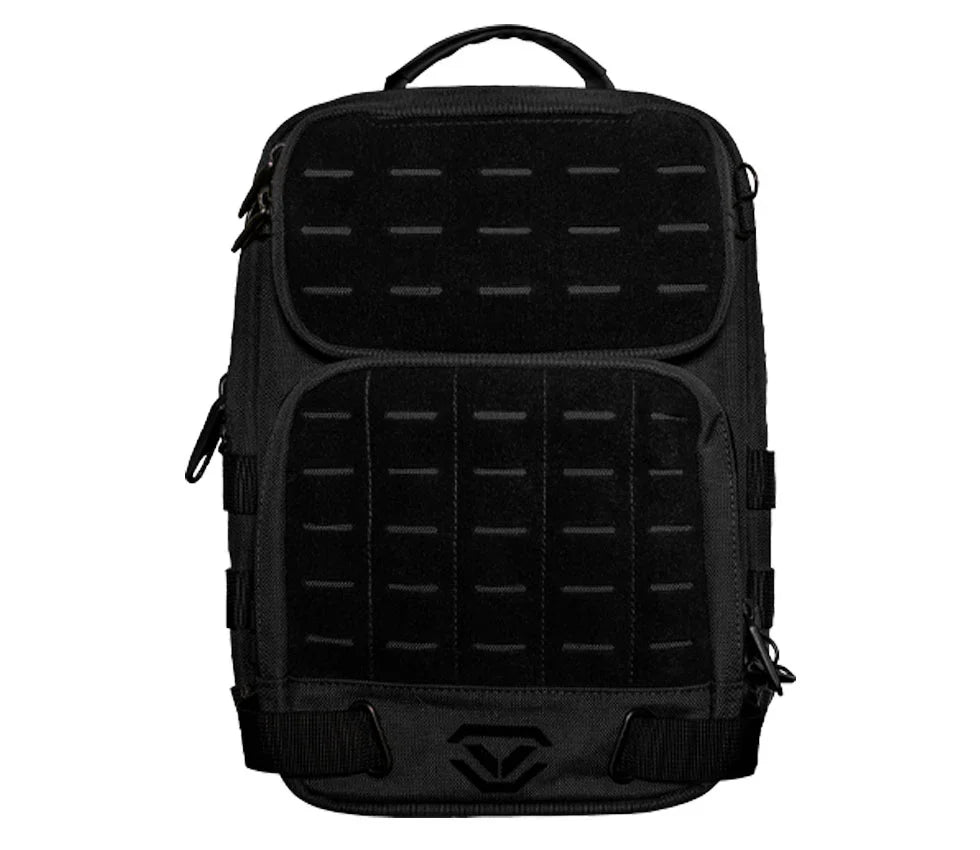 Black tactical backpack with multiple compartments and laser-cut MOLLE webbing