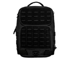 Black tactical backpack with multiple compartments and laser-cut MOLLE webbing