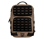 Tan tactical backpack with black MOLLE panel and top carry handle, front view