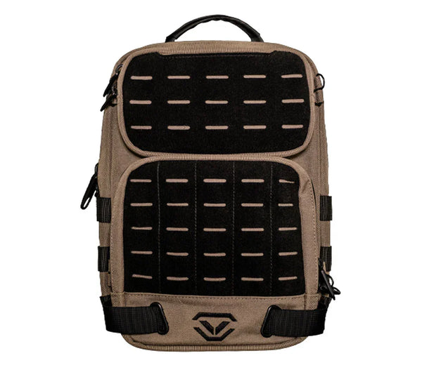 Tan tactical backpack with black MOLLE panel and top carry handle, front view