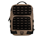 Tan tactical backpack with black MOLLE webbing and top carry handle, isolated on white background.