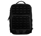 Black tactical backpack with rugged design and multiple zippered compartments, front view