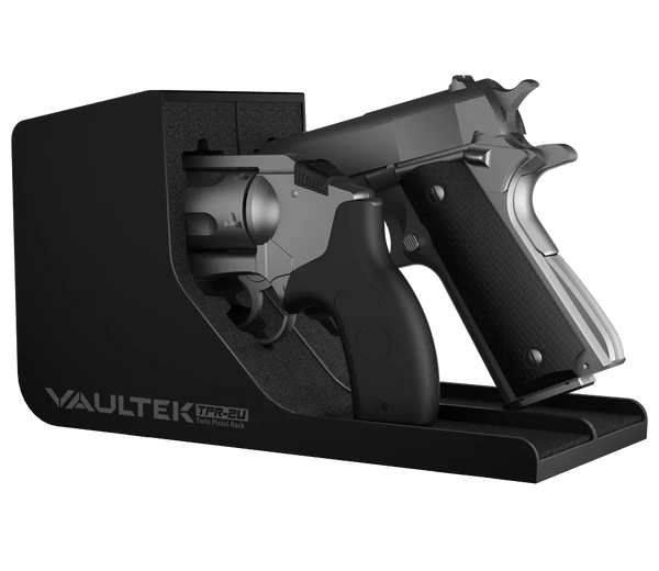 Twin pistol rack securely holding two handguns in a protective foam-lined holder