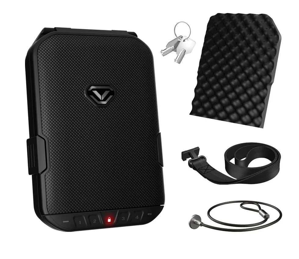 Black portable biometric safe with keypad, keys, foam insert, security cable, and mounting strap.
