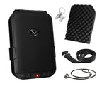Black portable biometric safe with keypad, keys, foam insert, security cable, and mounting strap.