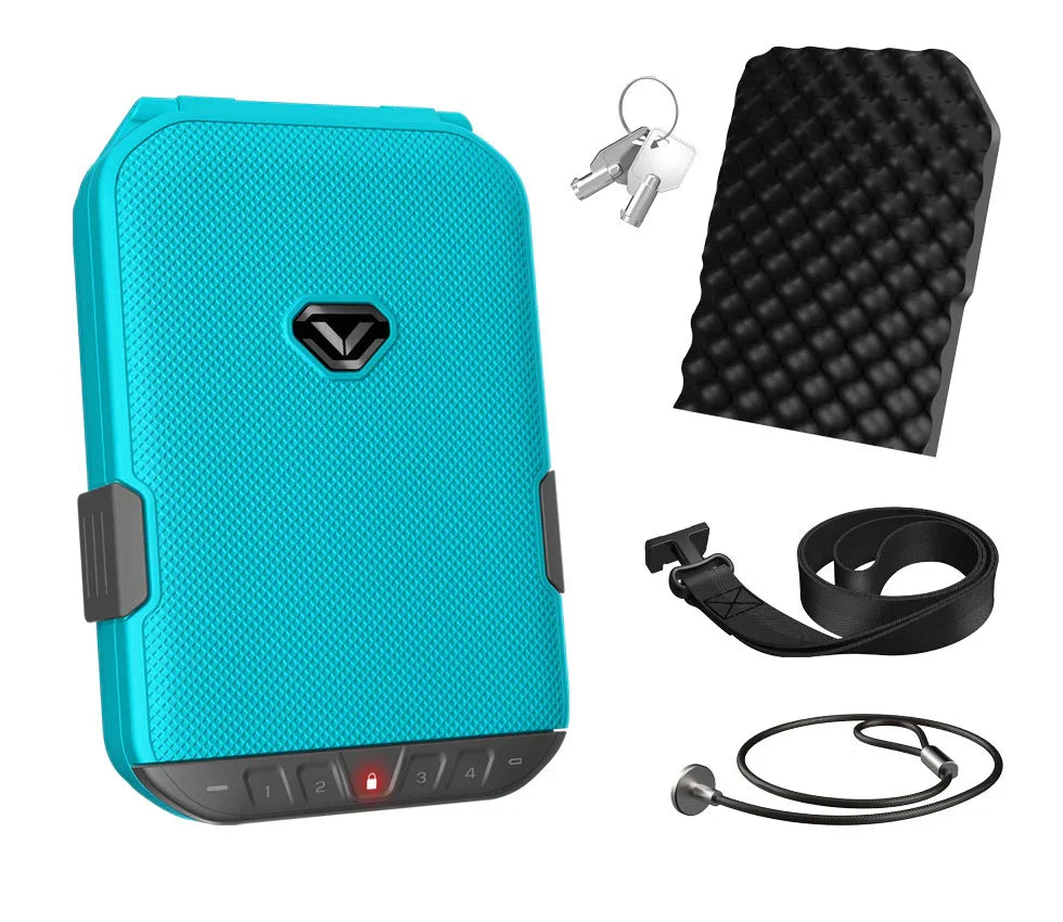 Blue portable biometric safe with keypad, keys, foam insert, security cable, and strap accessories