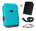 Blue portable biometric safe with keypad, keys, foam insert, security cable, and strap accessories