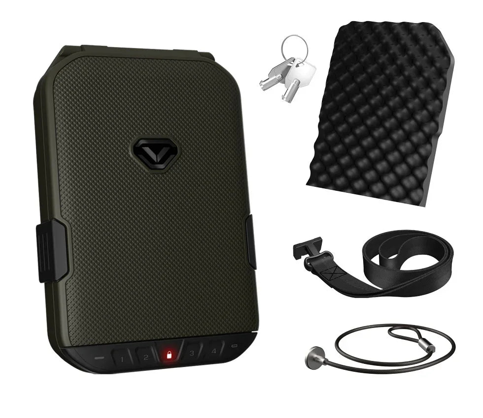 Portable security safe with keypad, keys, foam insert, strap, and cable