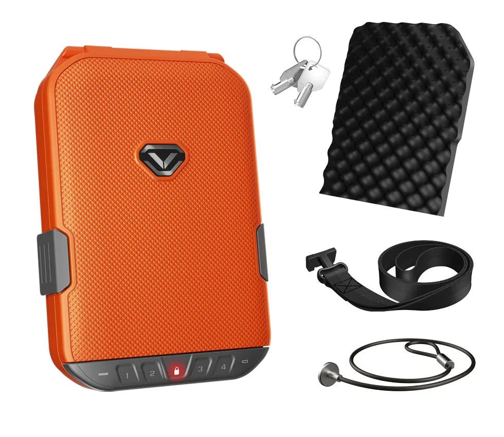 Orange portable safe with keypad, foam insert, keys, security cable, and strap accessories