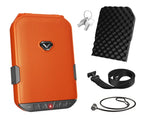 Orange portable safe with keypad, foam insert, keys, security cable, and strap accessories