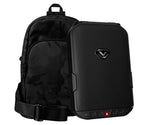 Black travel backpack and textured portable safe with keypad and indicator light