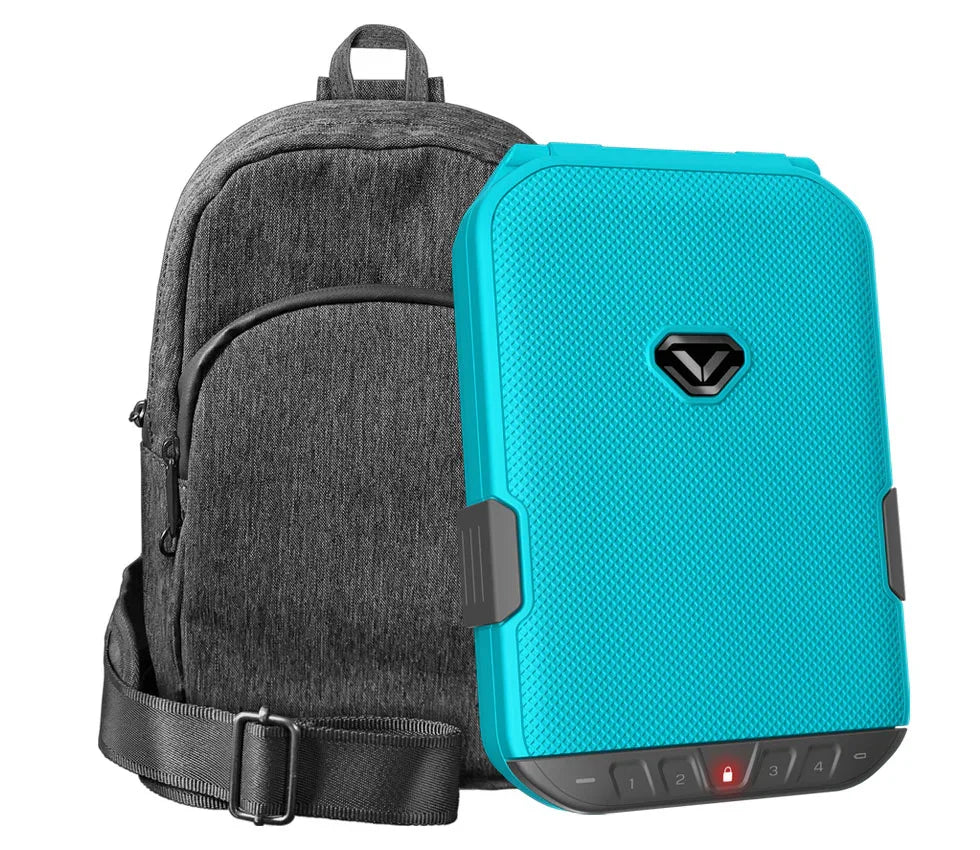 Blue portable security safe with keypad in front of a gray travel backpack