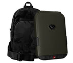 Olive drab textured portable safe with keypad in front of black camouflage backpack