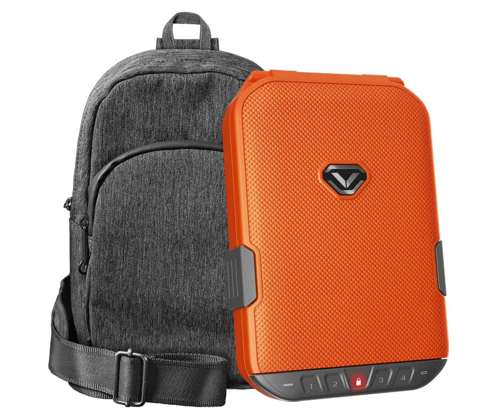 Bright orange portable safe with keypad in front of a gray travel backpack