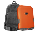 Bright orange portable safe with keypad in front of a gray travel backpack